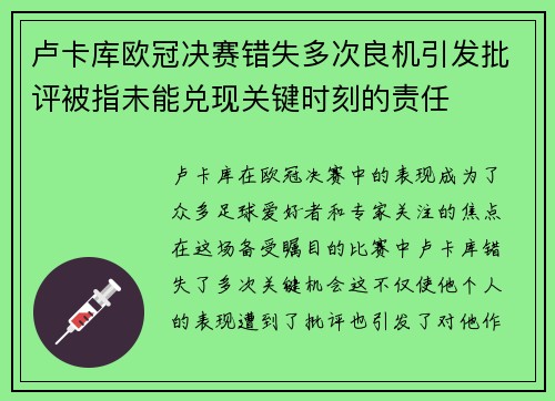 卢卡库欧冠决赛错失多次良机引发批评被指未能兑现关键时刻的责任