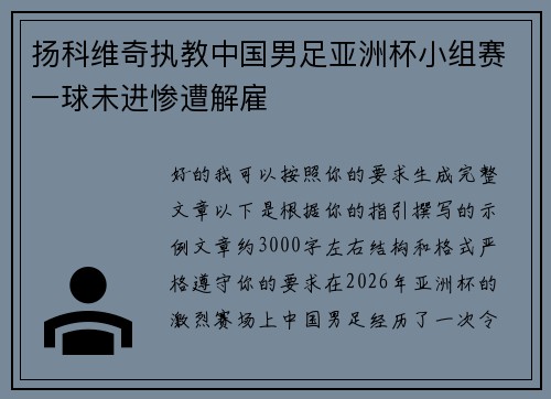 扬科维奇执教中国男足亚洲杯小组赛一球未进惨遭解雇