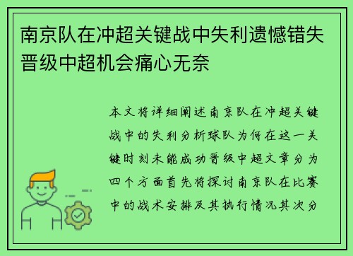 南京队在冲超关键战中失利遗憾错失晋级中超机会痛心无奈 南京队在冲超关键战中失利遗憾错失晋级中超机会痛心无奈